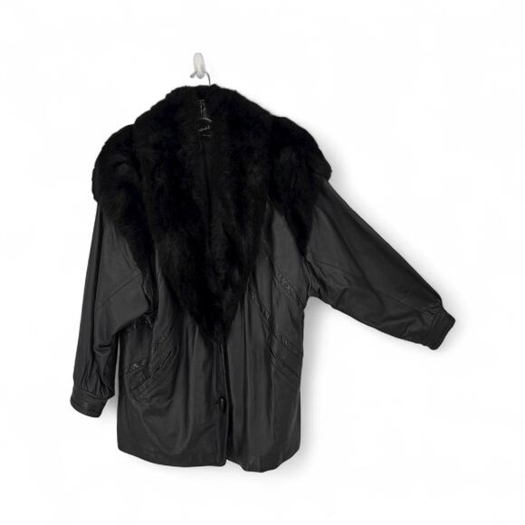 Vintage 80s J x Percy Marvin Richards Leather Coat Fur Collar Black Womens Large - Picture 10 of 16